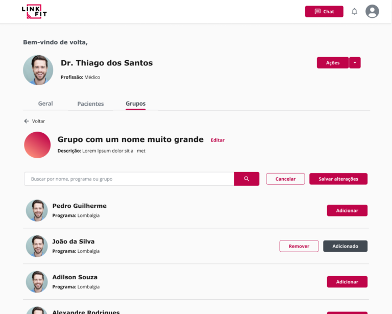 Organize os seus pacientes ou colaboradores em grupos, e tenha visões de progressão segmentadas por patologia, departamento e outros