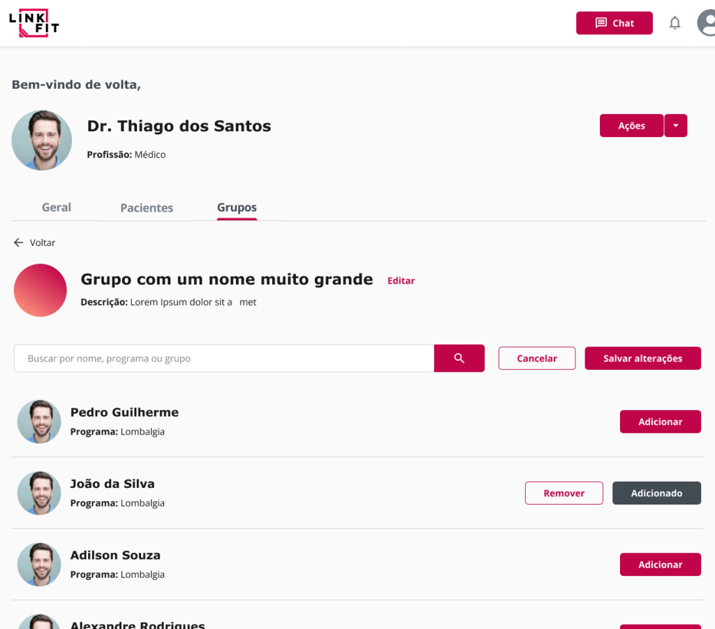 Organize os seus pacientes ou colaboradores em grupos, e tenha visões de progressão segmentadas por patologia, departamento e outros
