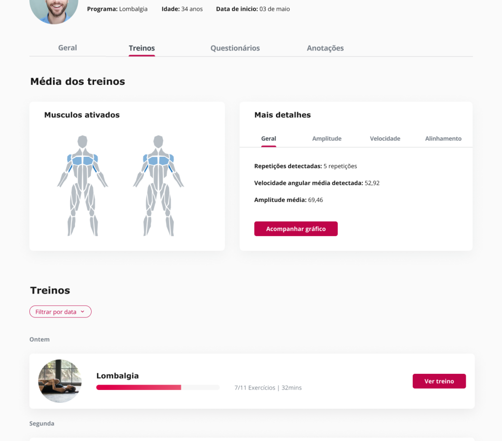 Acompanhe o progresso de seus clientes ou colaboradores por meio do resultado de avaliações e dados extraídos pela IA de  monitoramento do movimento